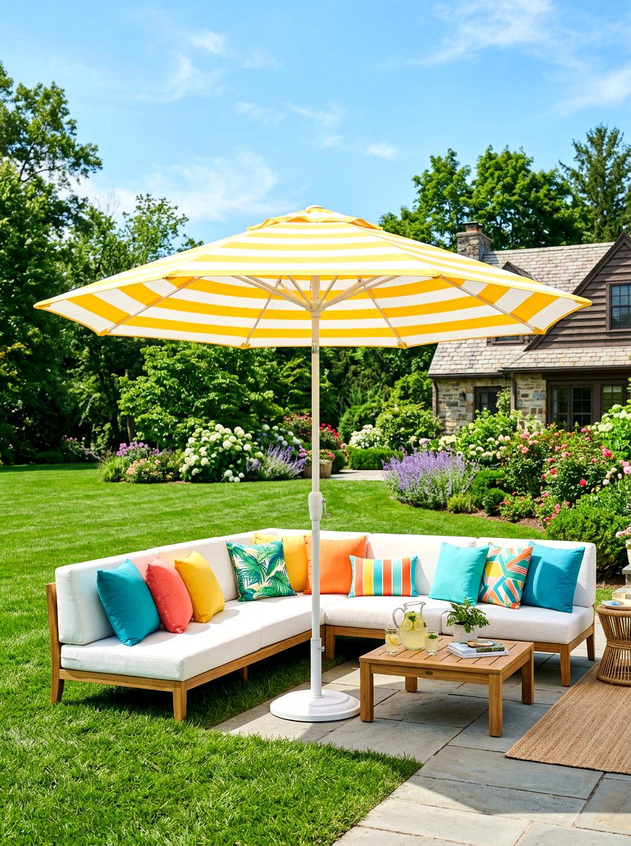 Yellow And White Striped Umbrella - 30 striped umbrella patio ideas