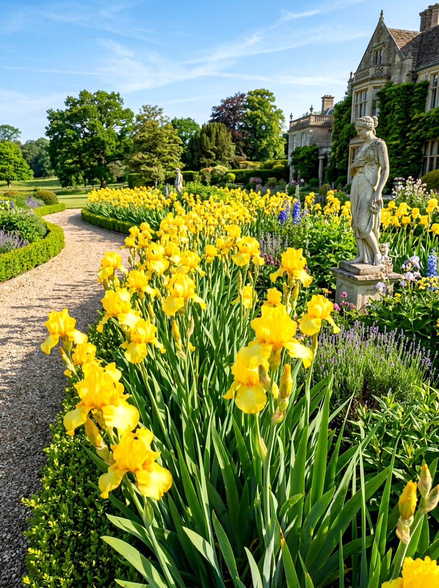 Yellow Bearded Iris Border - 30 yellow flower border ideas