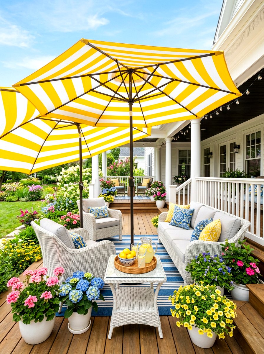 30 Striped Porch Umbrella Ideas for Shade With Statement Style