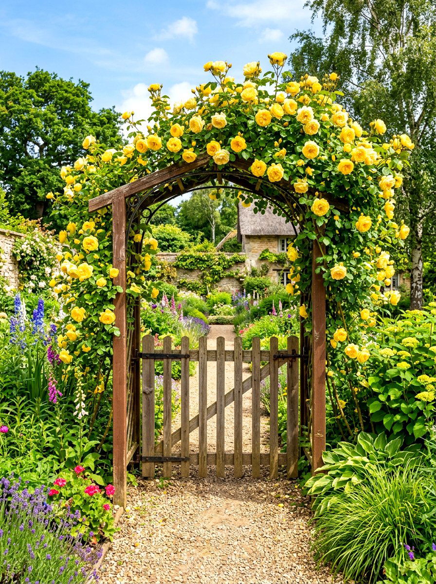 Yellow Climbing Rose Gate - 30 cottage rose arbor ideas