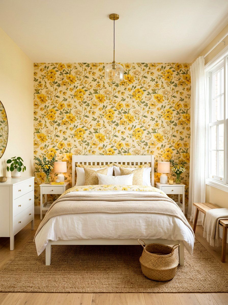 Yellow Floral Wallpaper - 30 soft yellow bedroom ideas