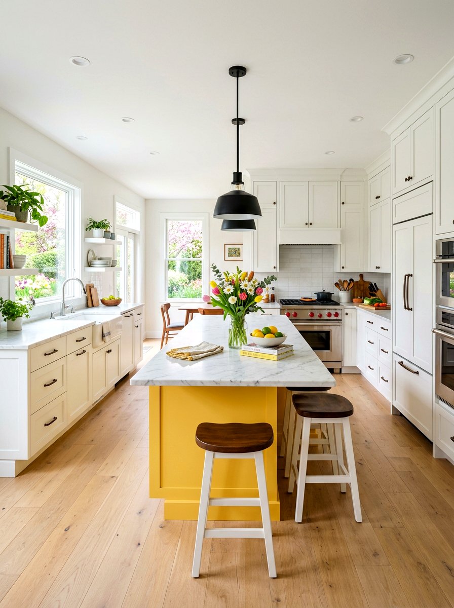 Yellow Kitchen Island - 30 lemon kitchen spring ideas