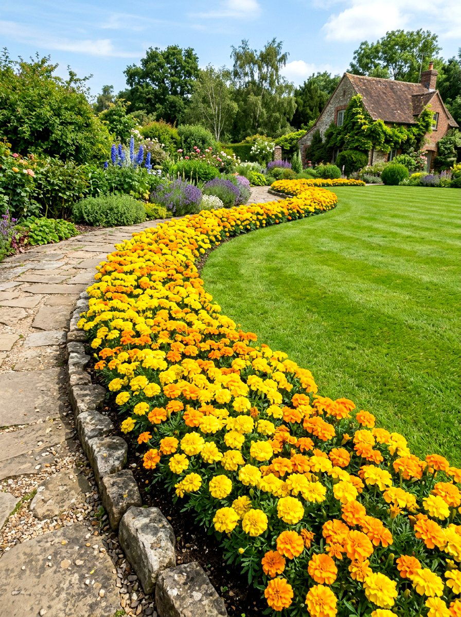 Yellow Marigold Border - 30 yellow flower border ideas