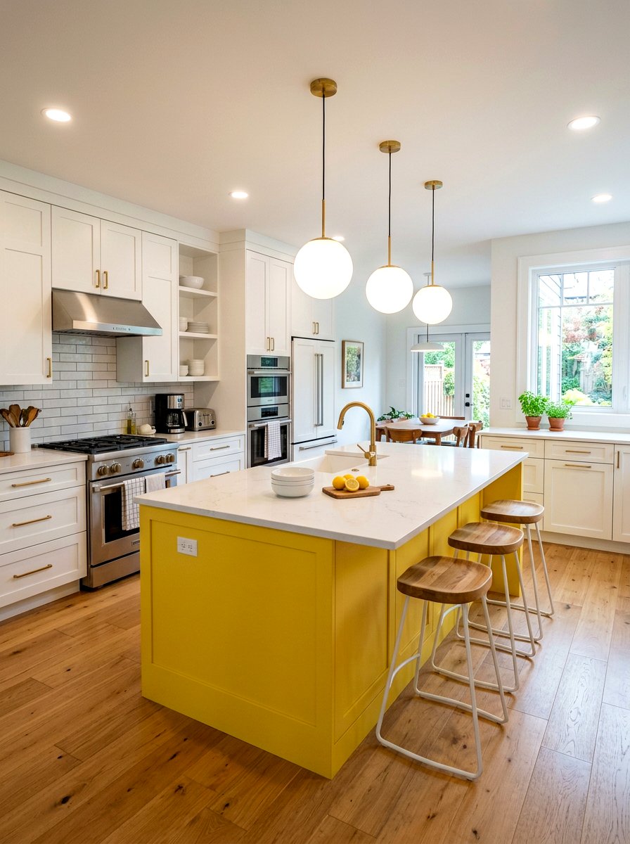 Yellow Painted Island Design - 30 summer lemon kitchen ideas