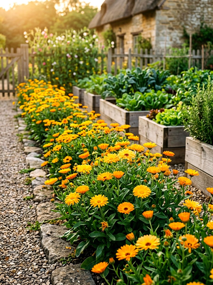 Yellow Pot Marigold Border - 30 yellow flower border ideas