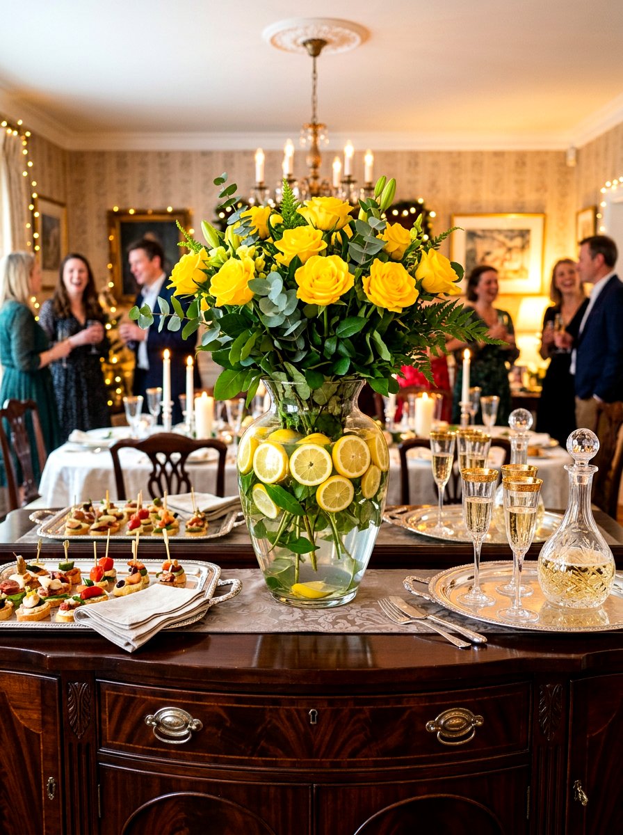 Yellow Roses And Sliced Citrus In Glass - 30 spring flower arrangement ideas