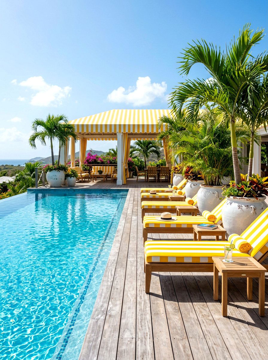 Yellow Stripe Poolside Lounge - 30 cabana stripe patio ideas