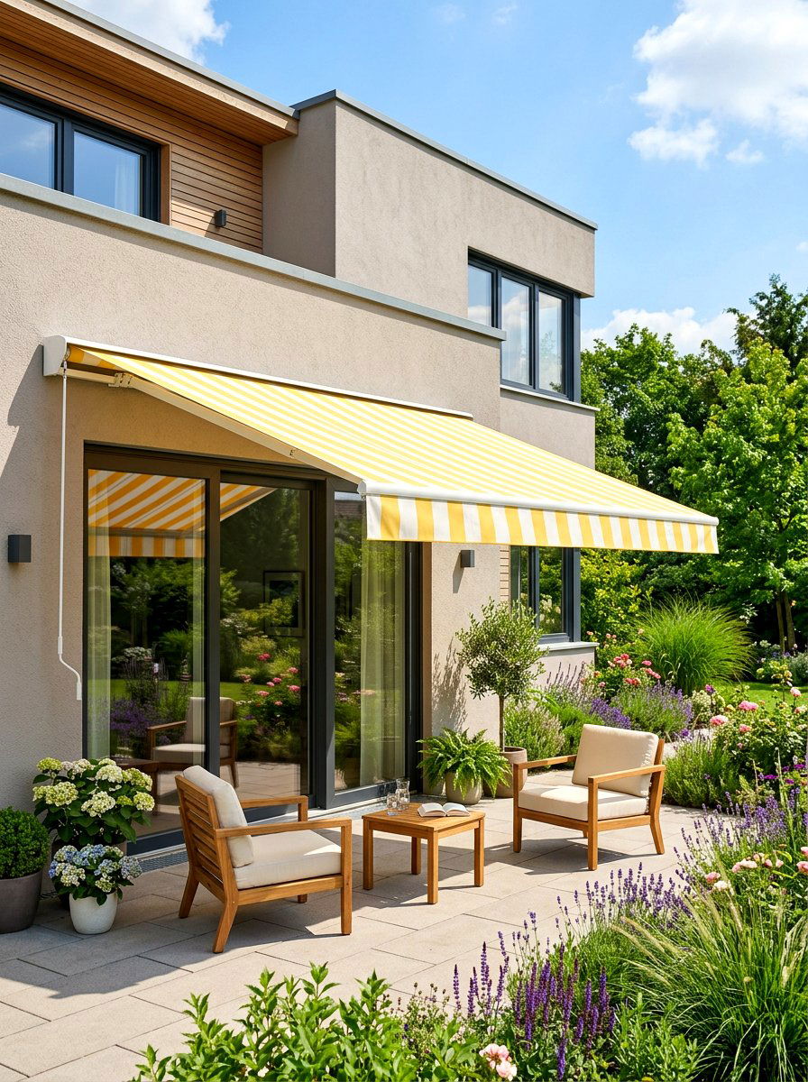 Yellow Striped Awning Fabrics - 30 butter yellow patio decor ideas