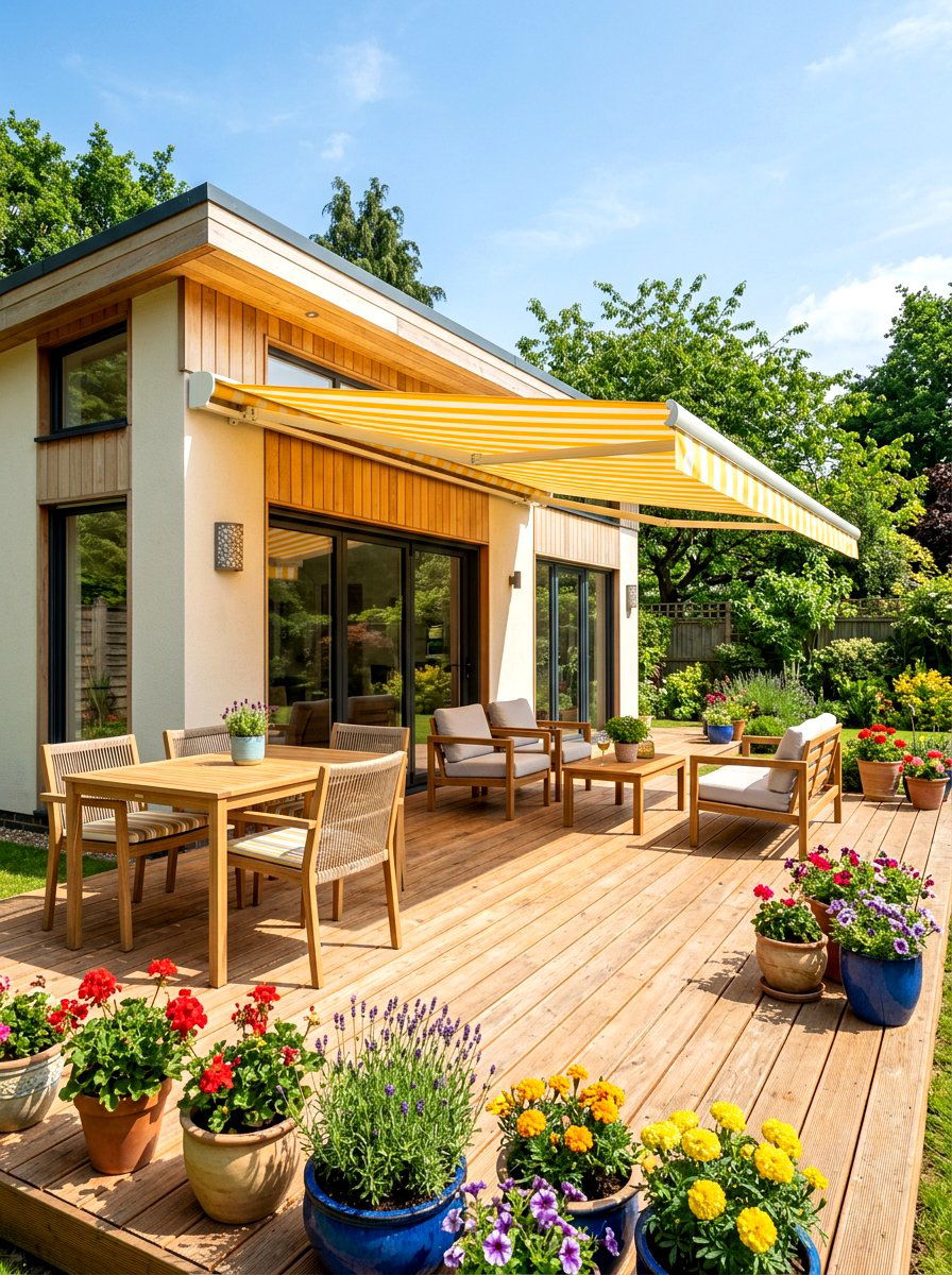 Yellow Striped Retractable Porch Canopy - 30 striped awning front porch ideas