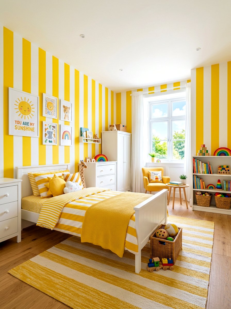 Yellow Sunshine Stripe Kids Room - 30 stripe drench room ideas