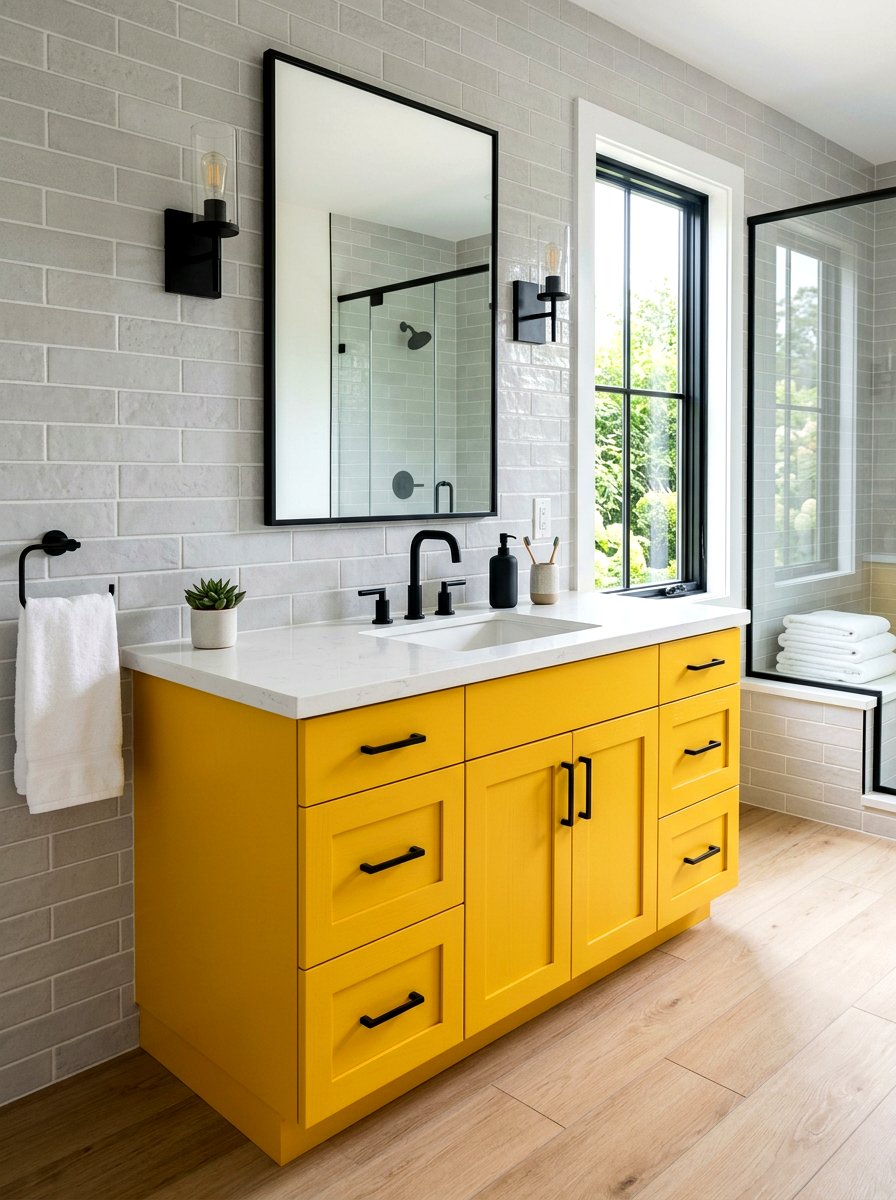 Yellow Vanity Cabinet - 30 dopamine bathroom ideas