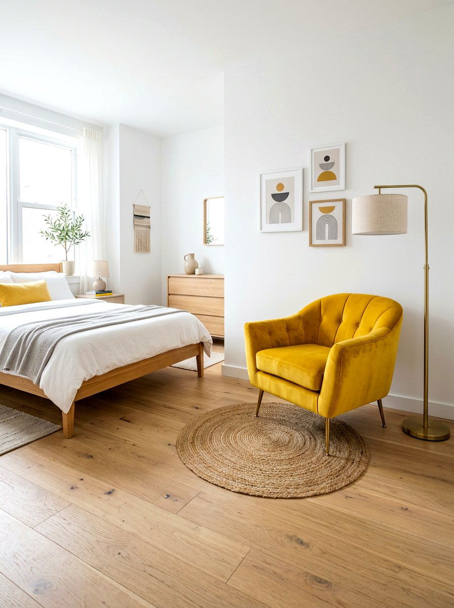 Yellow Velvet Chair - 30 sunrise inspired bedroom ideas