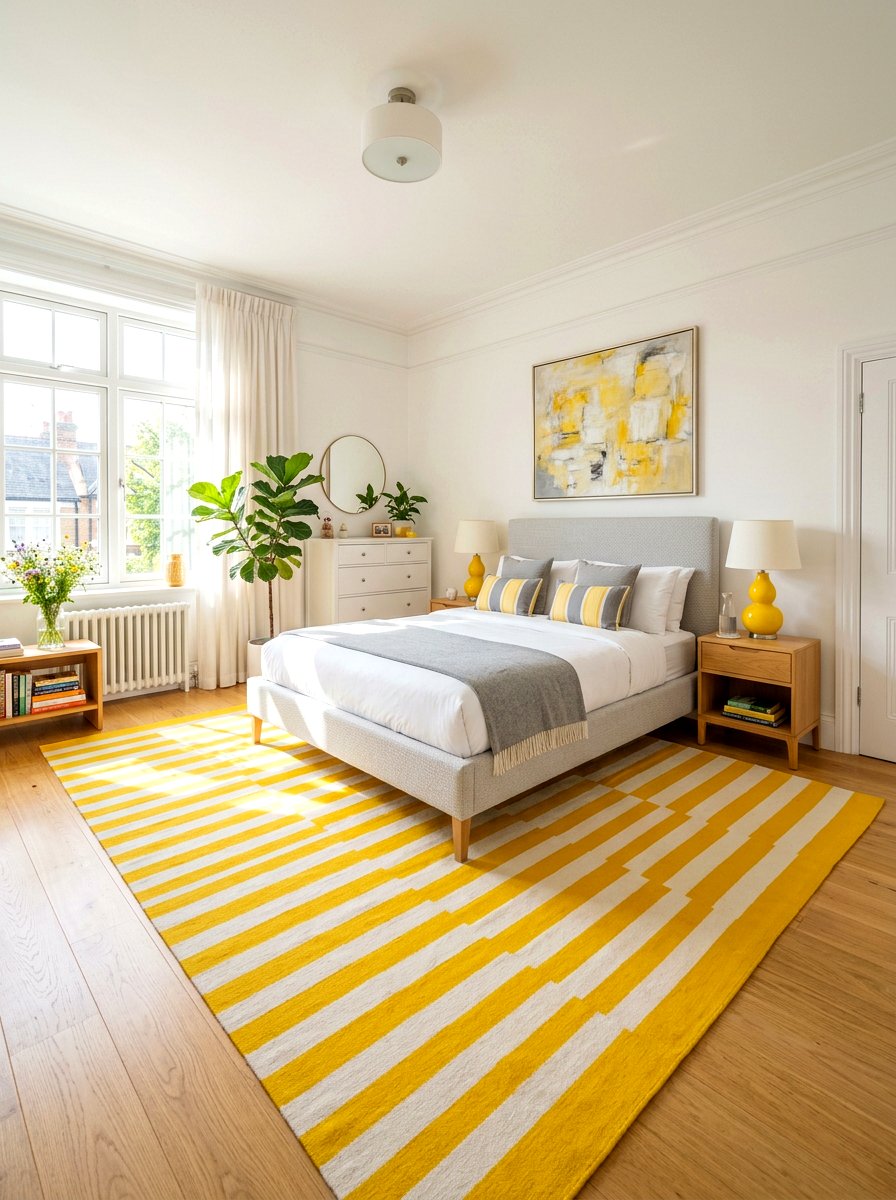 Yellow and White Stripe Rug - 30 candy stripe bedroom ideas