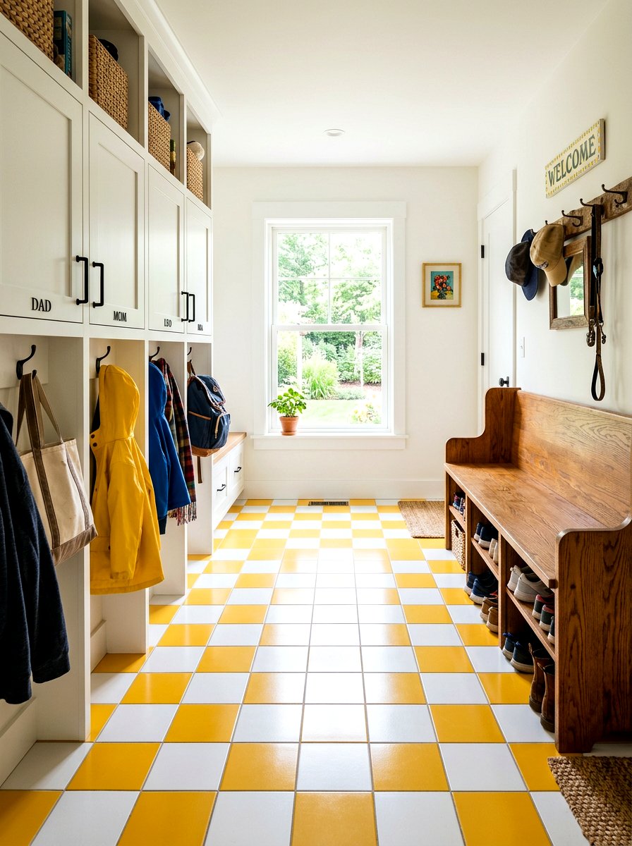 Yellow and white checkered mudroom - 30 peel and stick checkerboard floor ideas