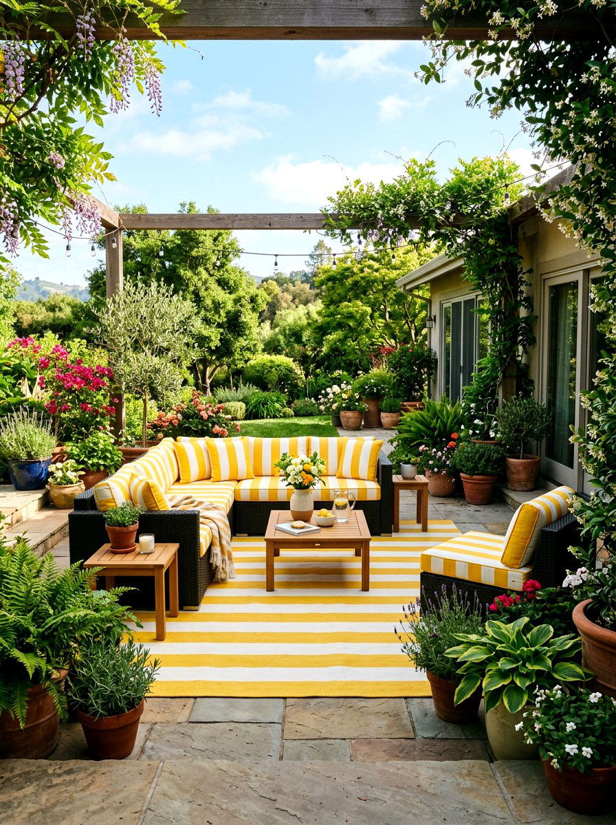 Yellow and white striped patio decor - 30 lemonade patio party ideas