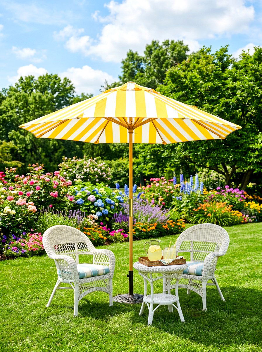 Yellow and white striped umbrella - 30 striped umbrella patio decor ideas