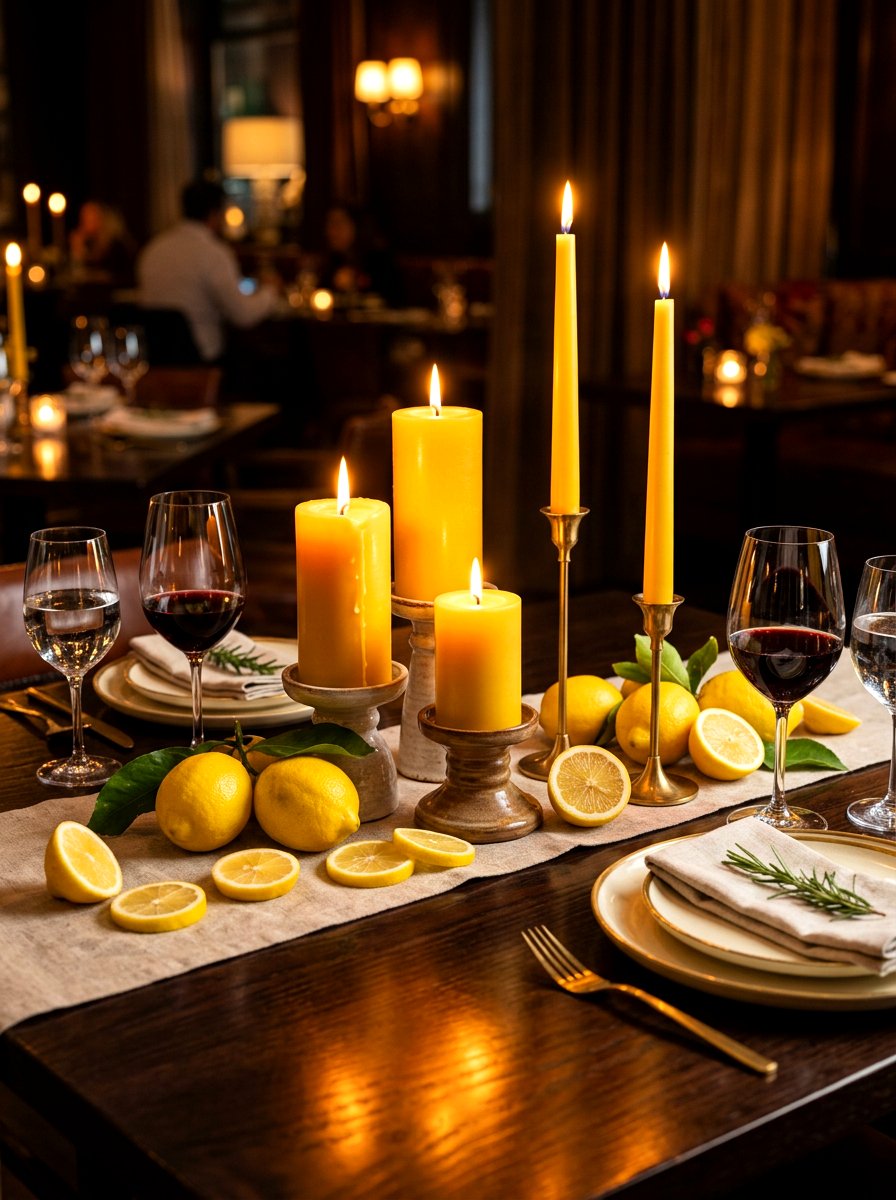 Yellow candles with citrus - 30 lemon tablescape ideas