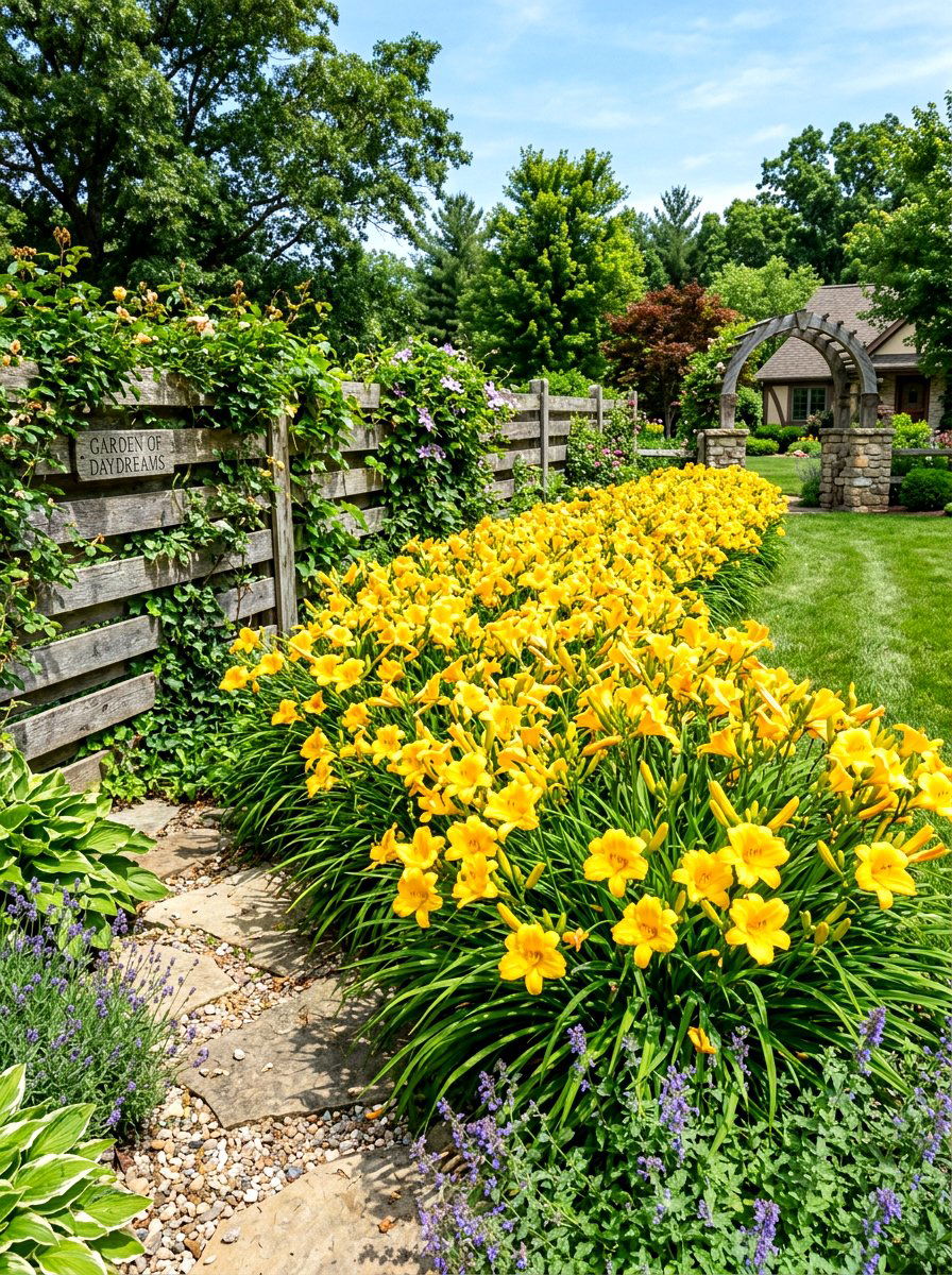 Yellow daylily garden - 30 summer bloom garden ideas