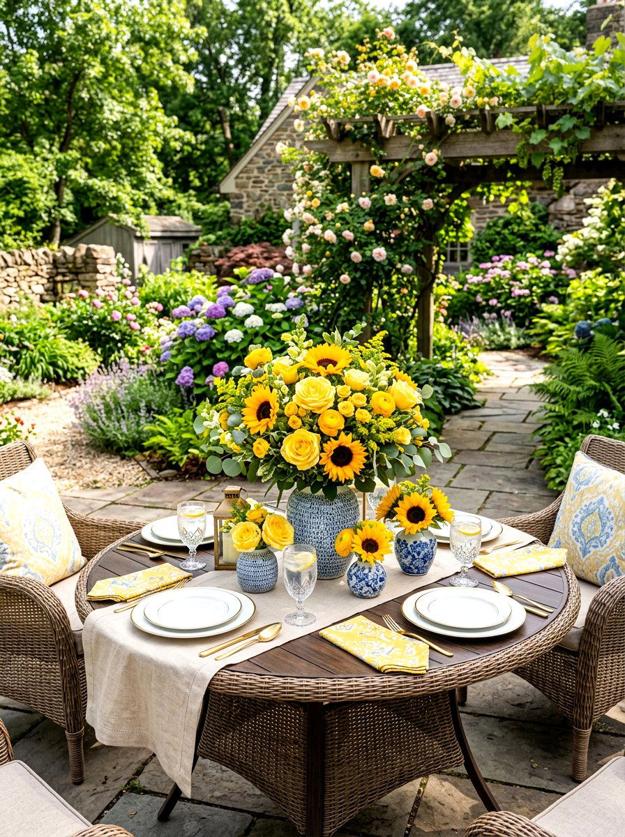 Yellow floral patio arrangement - 30 lemonade patio party ideas