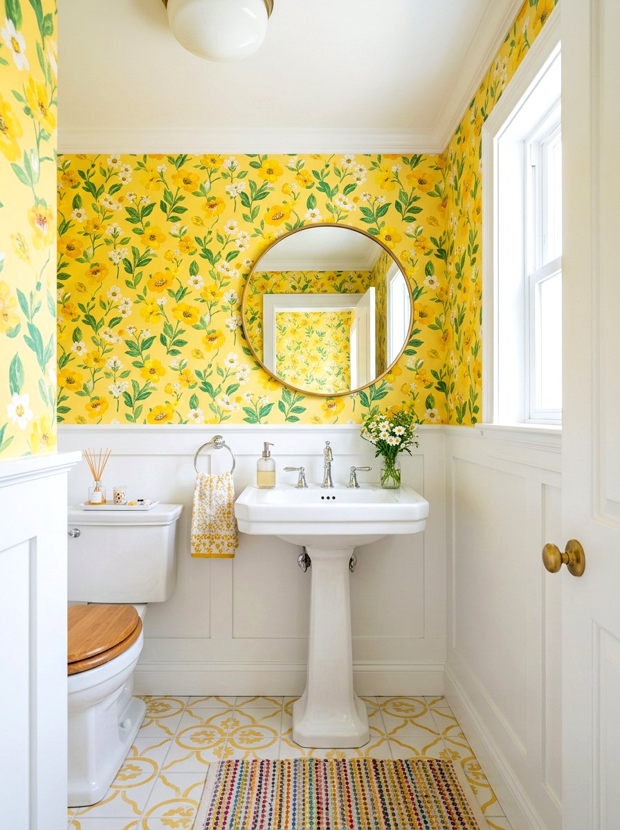 Yellow floral powder room - 30 floral wallpaper powder room ideas