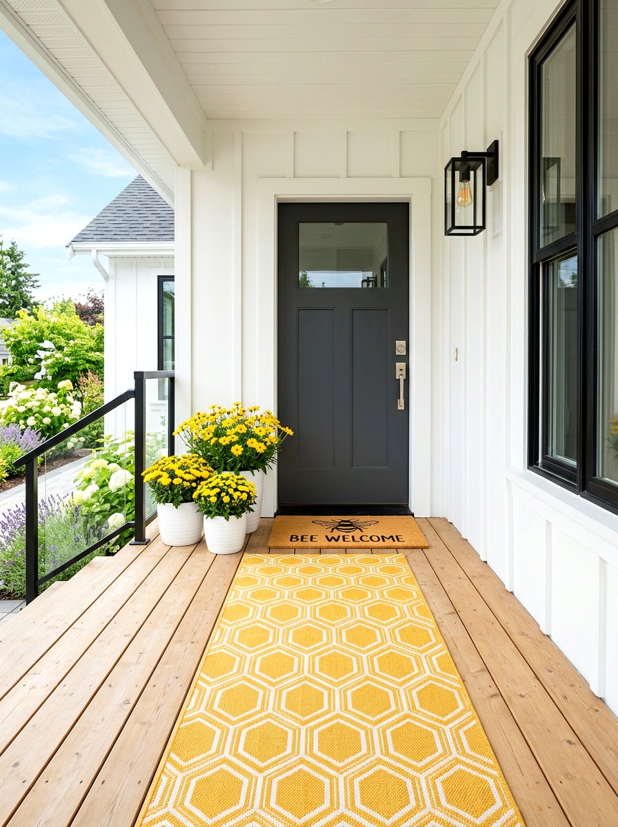 Yellow honeycomb rug - 30 porch doormat layering ideas