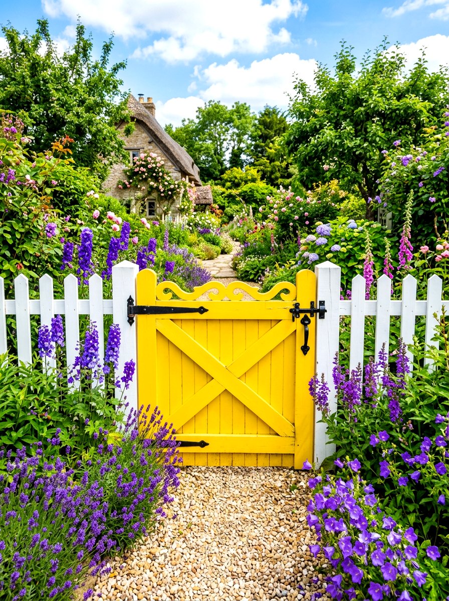 Yellow painted wooden gate - 30 cottage gate curb appeal ideas