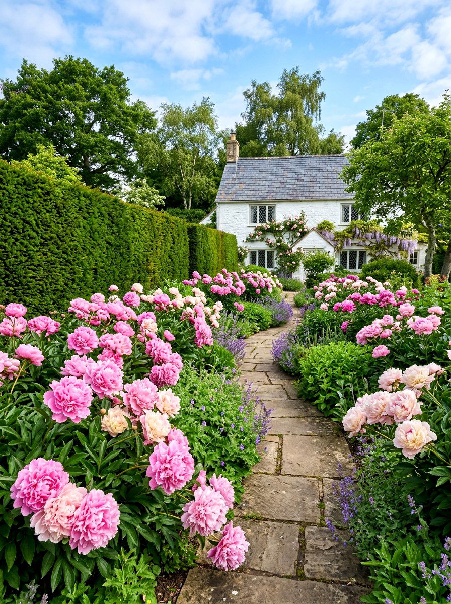 Yew And Peony Landscape - 30 layered hedge front yard ideas