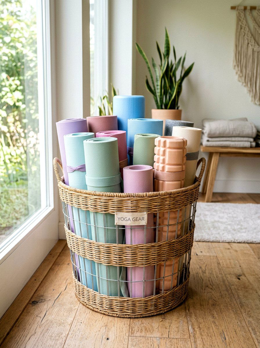 Yoga Mat and Foam Roller Basket - 30 garage sports equipment storage ideas