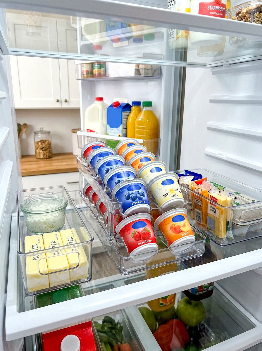 Yogurt cup organizer rack - 30 aesthetic fridge organization ideas