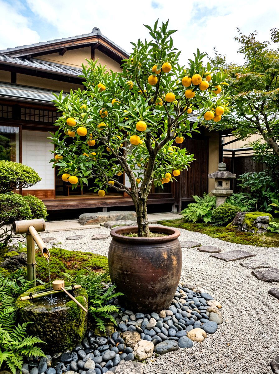 Yuzu Tree Japanese Inspired Courtyard - 30 citrus patio tree ideas