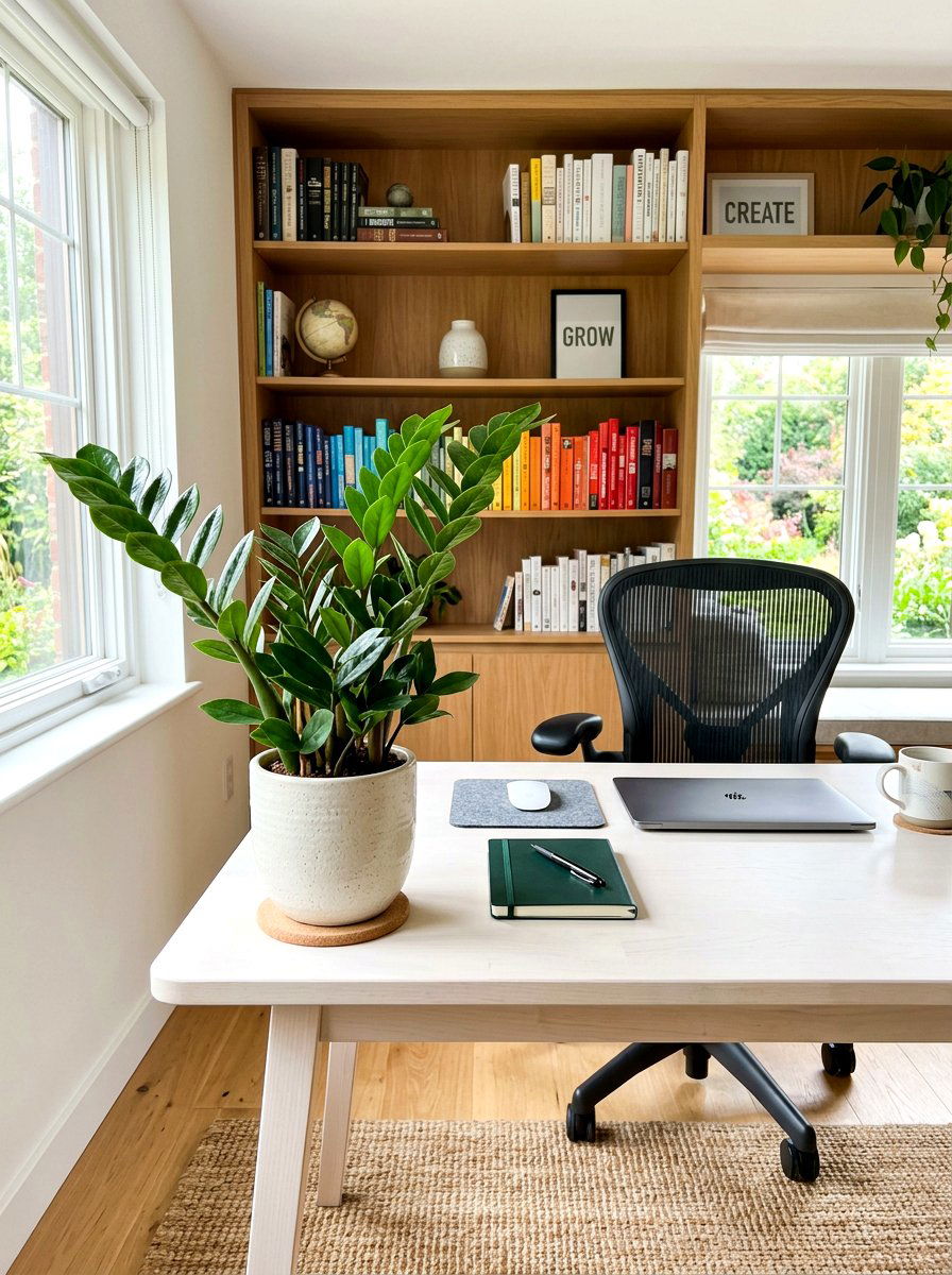 ZZ plant home office setup - 30 low light indoor plant decor ideas
