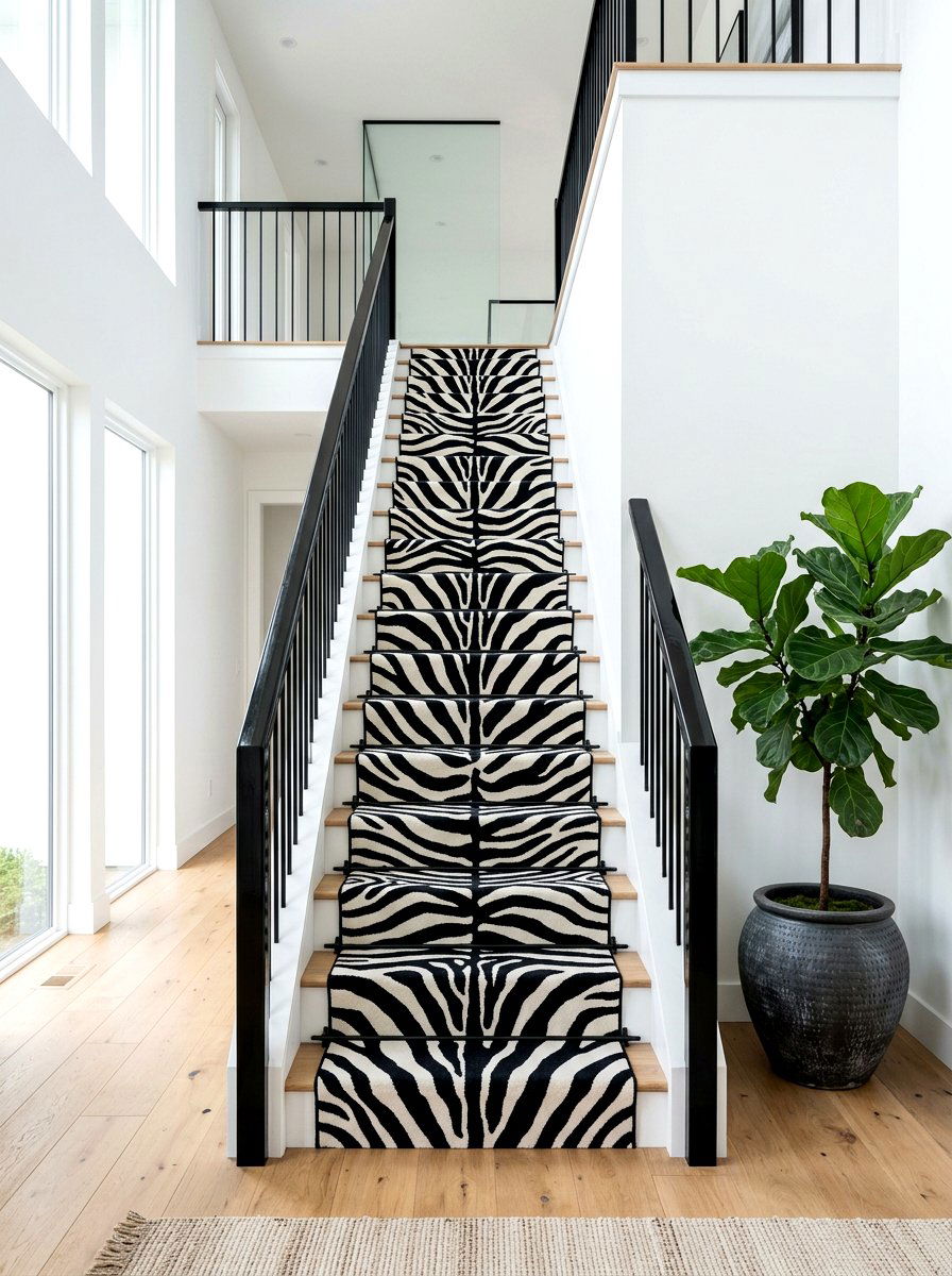 Zebra Print Stair Runner - 30 dramatic stair runner ideas