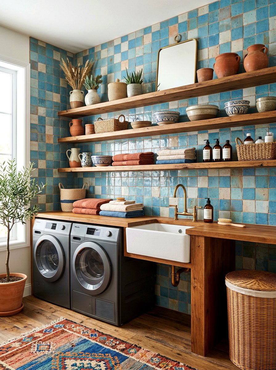 Zellige tile laundry wall - 30 laundry room backsplash ideas