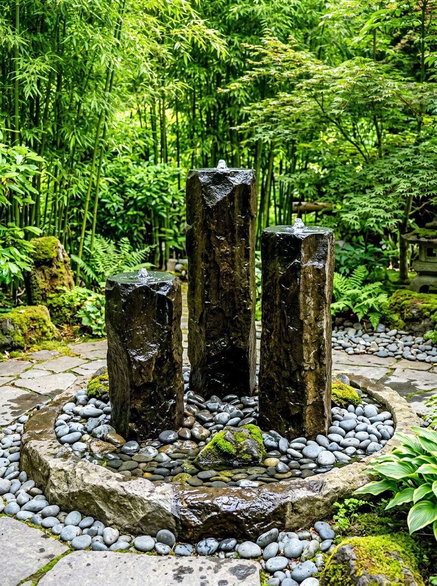 Zen Basalt Column - 30 outdoor courtyard fountain ideas