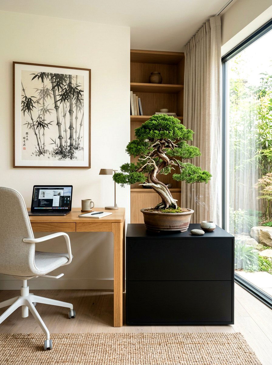 Zen Bonsai Tree On Cabinet - 30 home office plant ideas