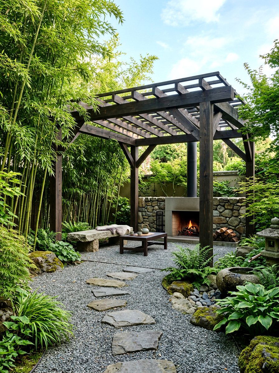 Zen Garden Pergola Minimalist Fireplace - 30 pergola with fireplace ideas