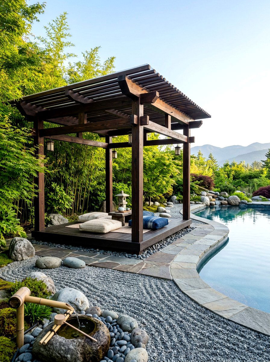 Zen Garden Style Poolside Pergola - 30 poolside pergola lounge ideas