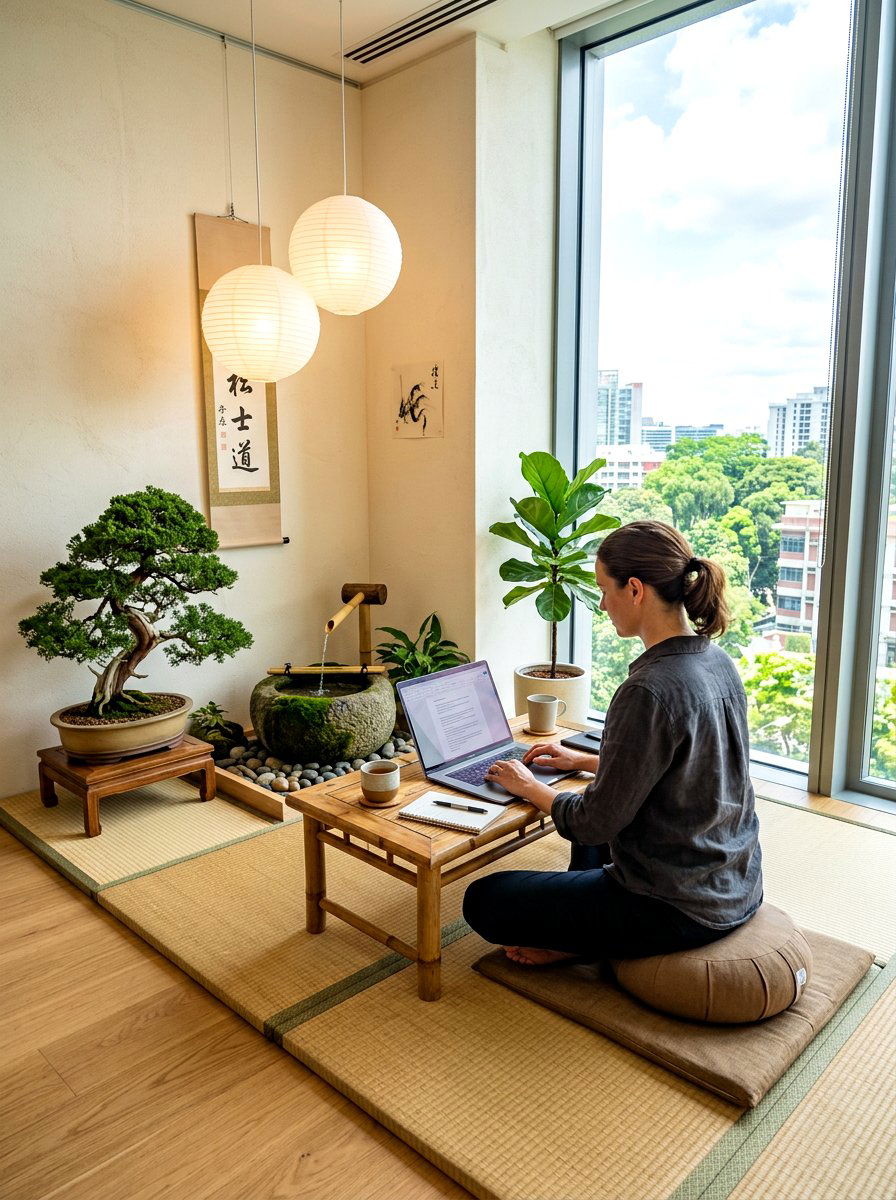 Zen Inspired Natural Office Corner - 30 office meeting corner ideas