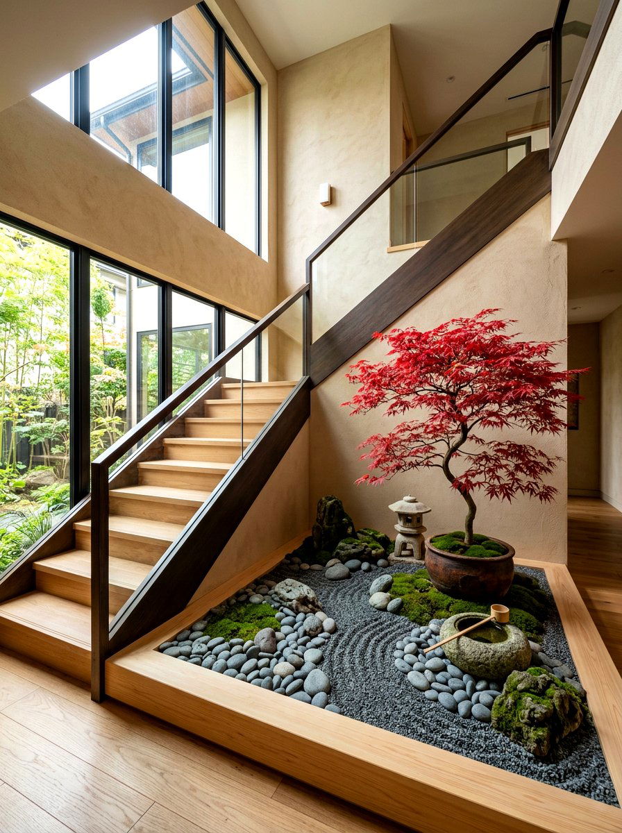 Zen Japanese Stairwell Garden - 30 stair landing plant nook ideas