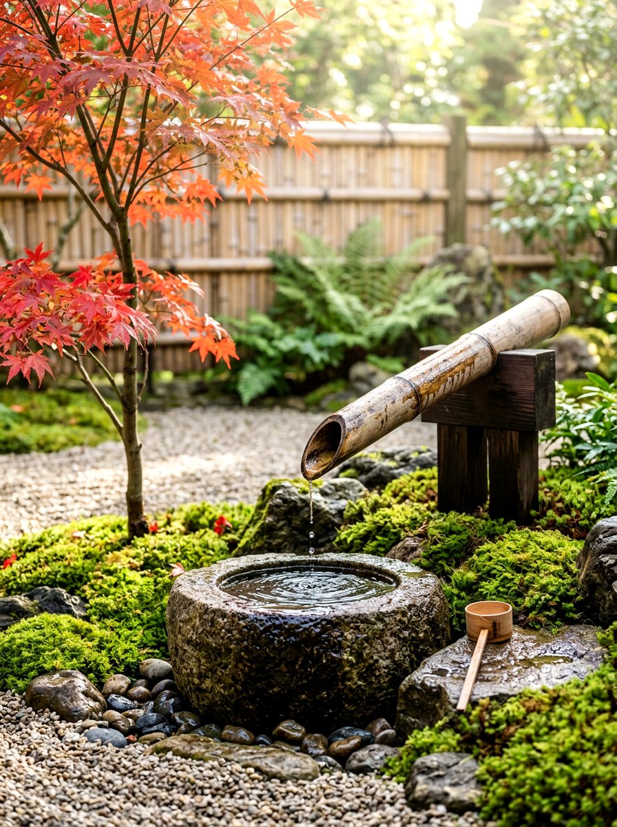 Zen bamboo water spout - 30 courtyard fountain garden ideas