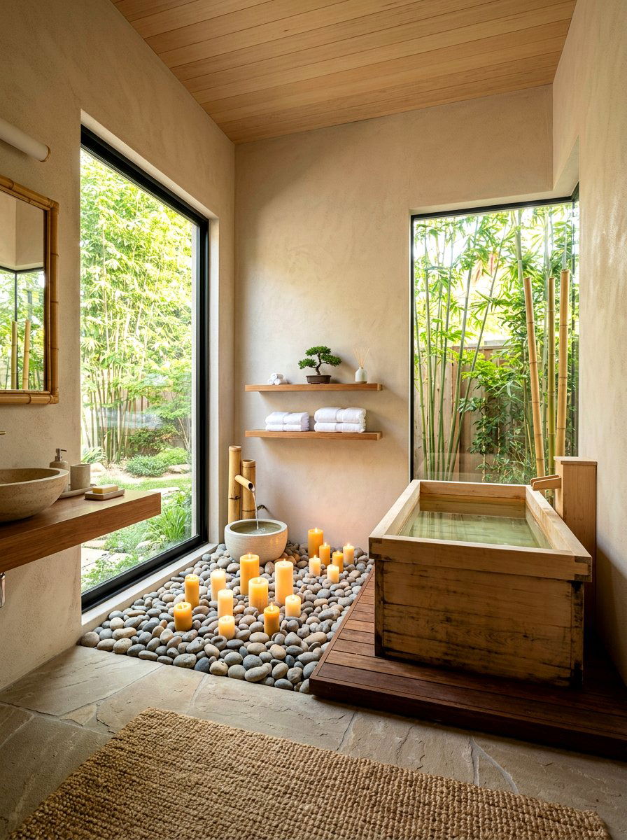 Zen bathroom with bamboo and candles - 30 candlelit bathroom ideas