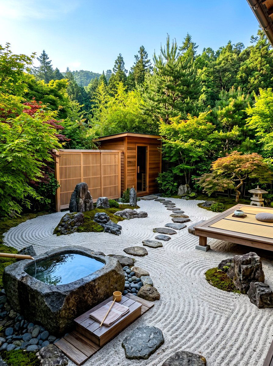 Zen garden meditation and cold plunge - 30 contrast therapy room ideas