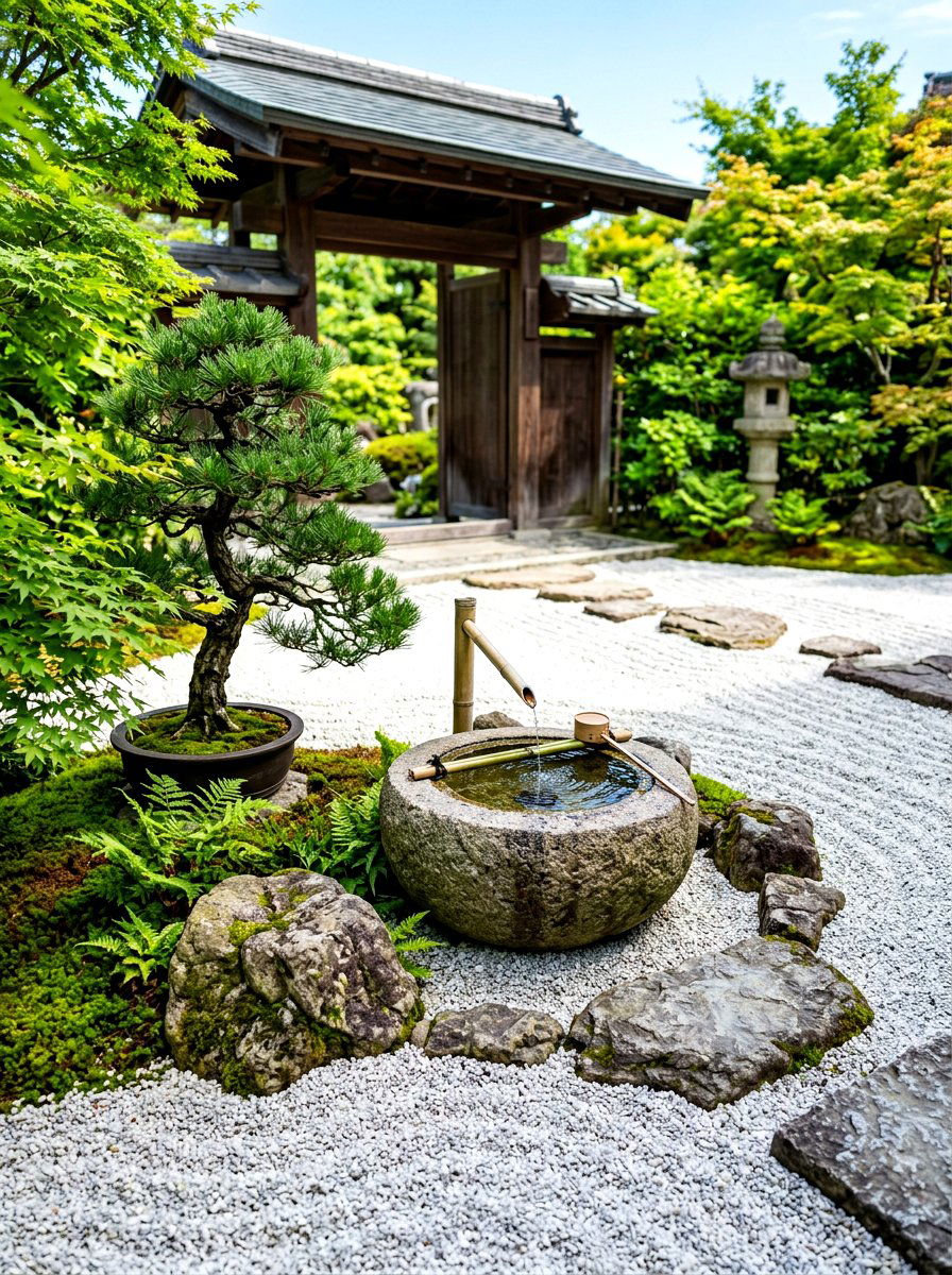 Zen garden water basin - 30 front yard water feature ideas