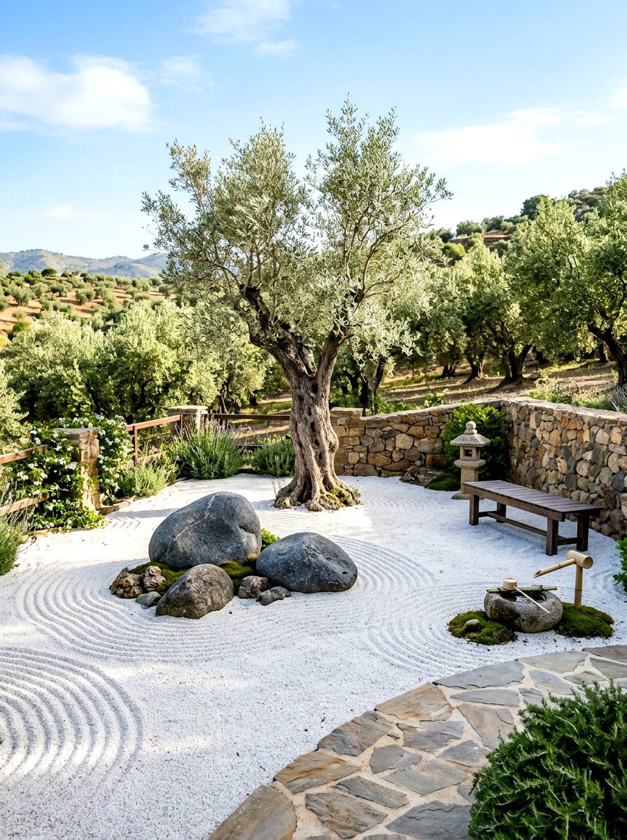 Zen garden with olive trees - 30 olive grove backyard ideas