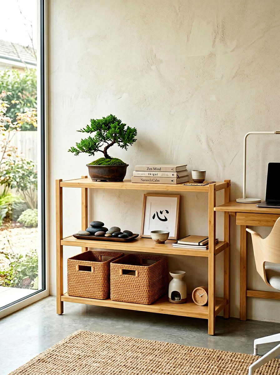 Zen inspired office shelves - 30 home office shelf ideas