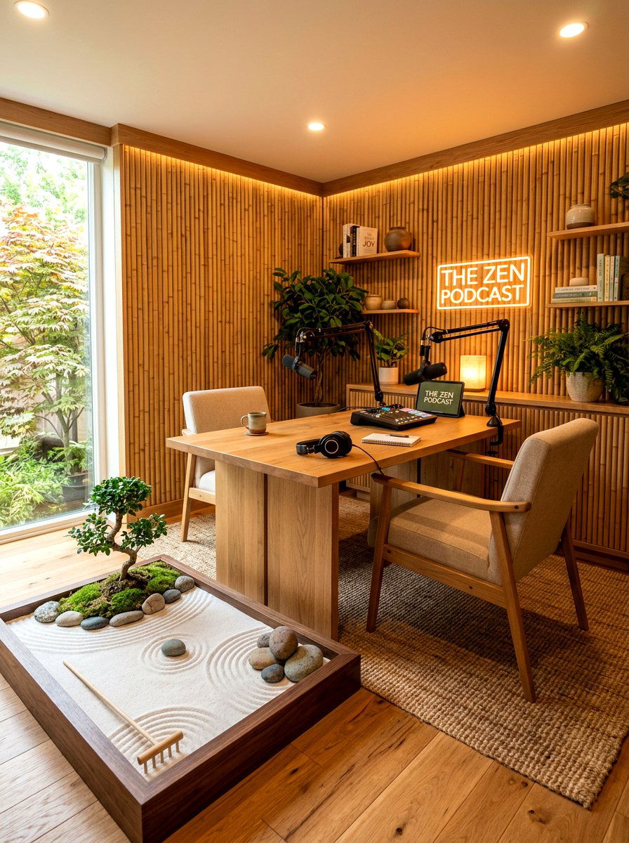 Zen inspired podcast studio - 30 podcast room ideas