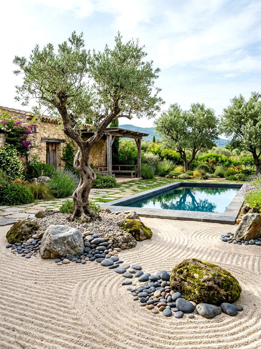 Zen pool garden with olive trees and rocks - 30 poolside olive trees ideas