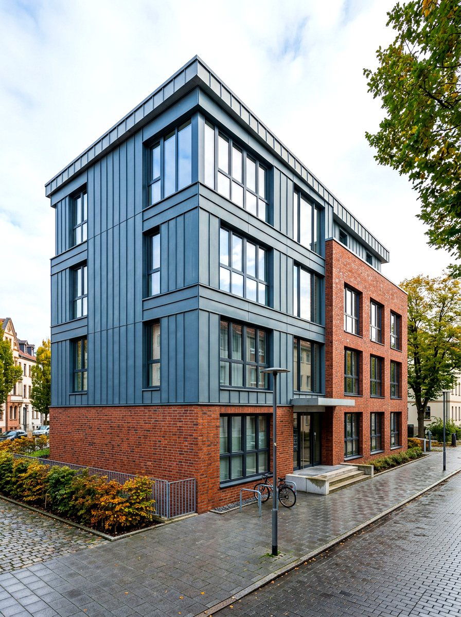 Zinc panels and brick - 30 mixed material facade ideas