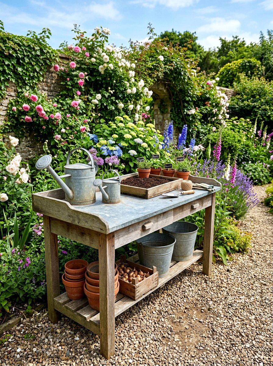 Zinc top potting bench - 30 potting table greenhouse ideas