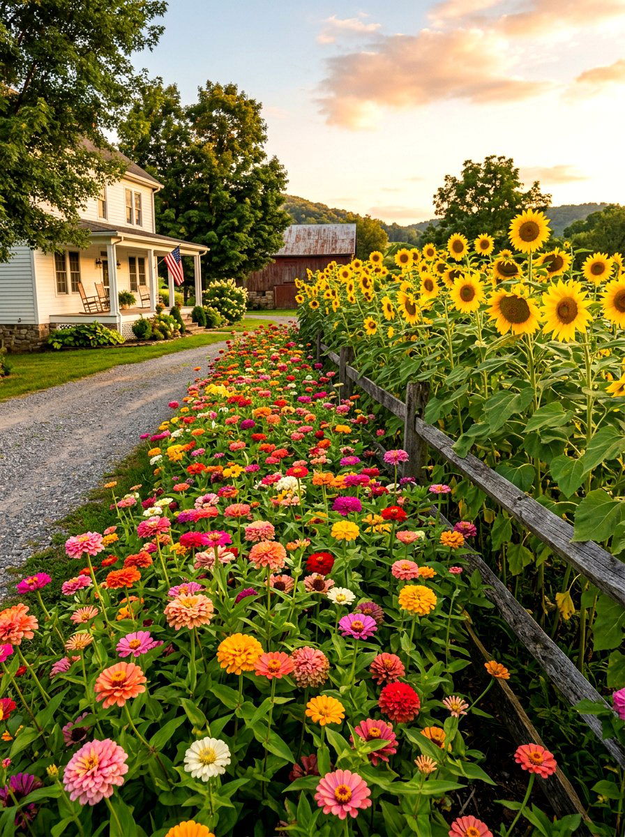 Zinnia And Sunflower Garden Backdrop - 30 zinnia border ideas